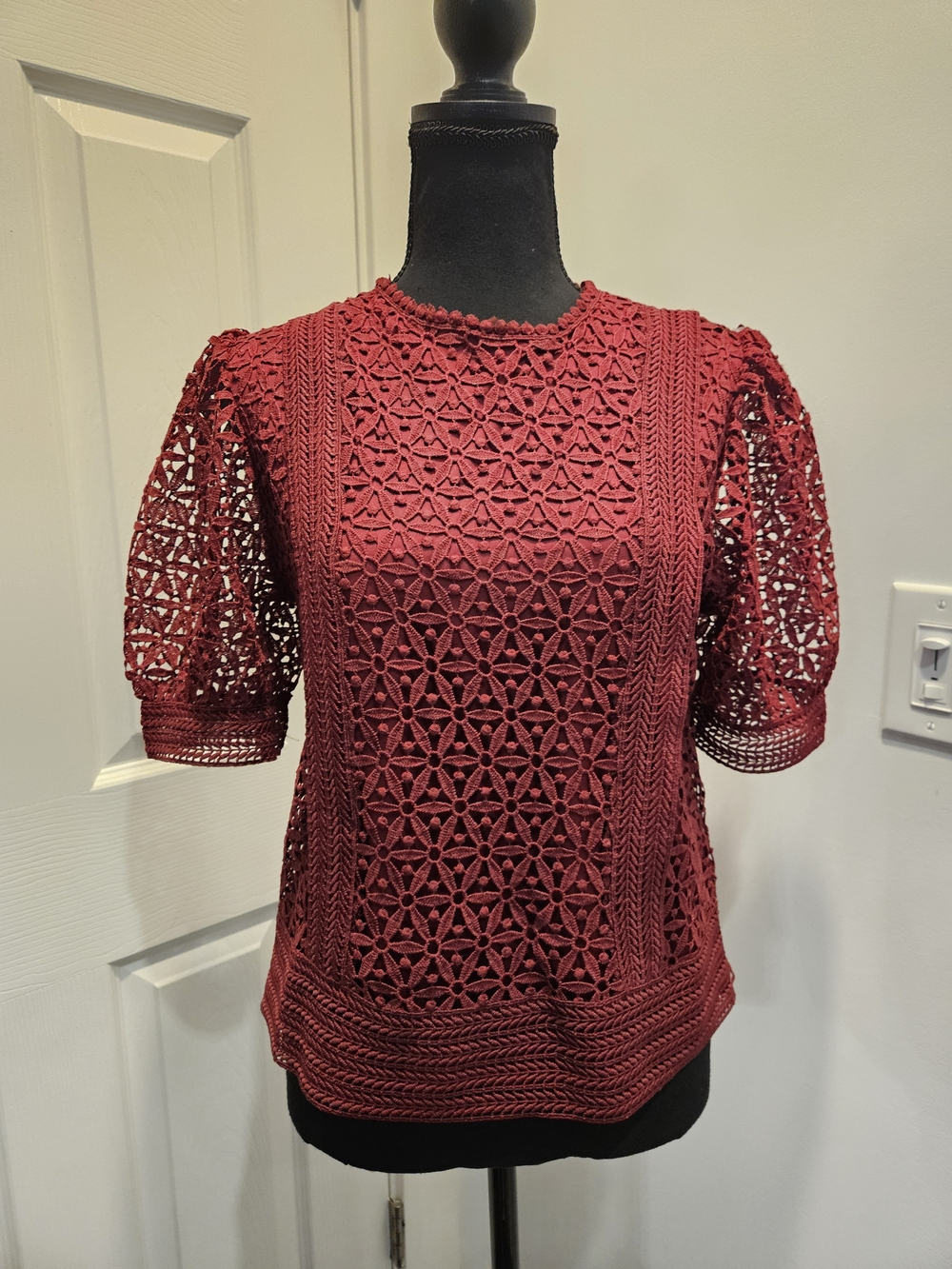 Pinky Crochet (LIKE) Lace Short Sleeve Top in Burgundy